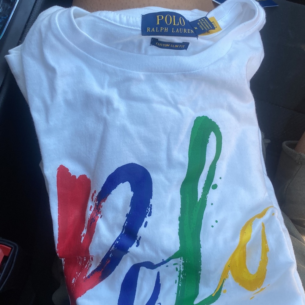 White polo classic; Ralph Lauren custom slim fit white tee with muti color